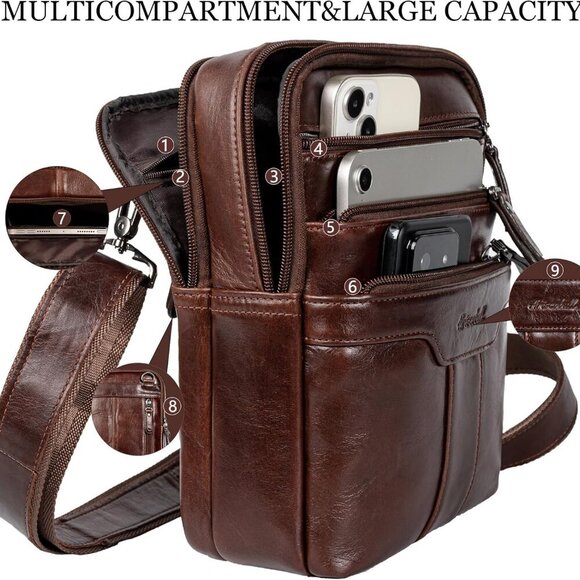 Leather Messenger Bag for Men, Small Leather Sling Shoulder Bag Messenger Pack f - Picture 3 of 7